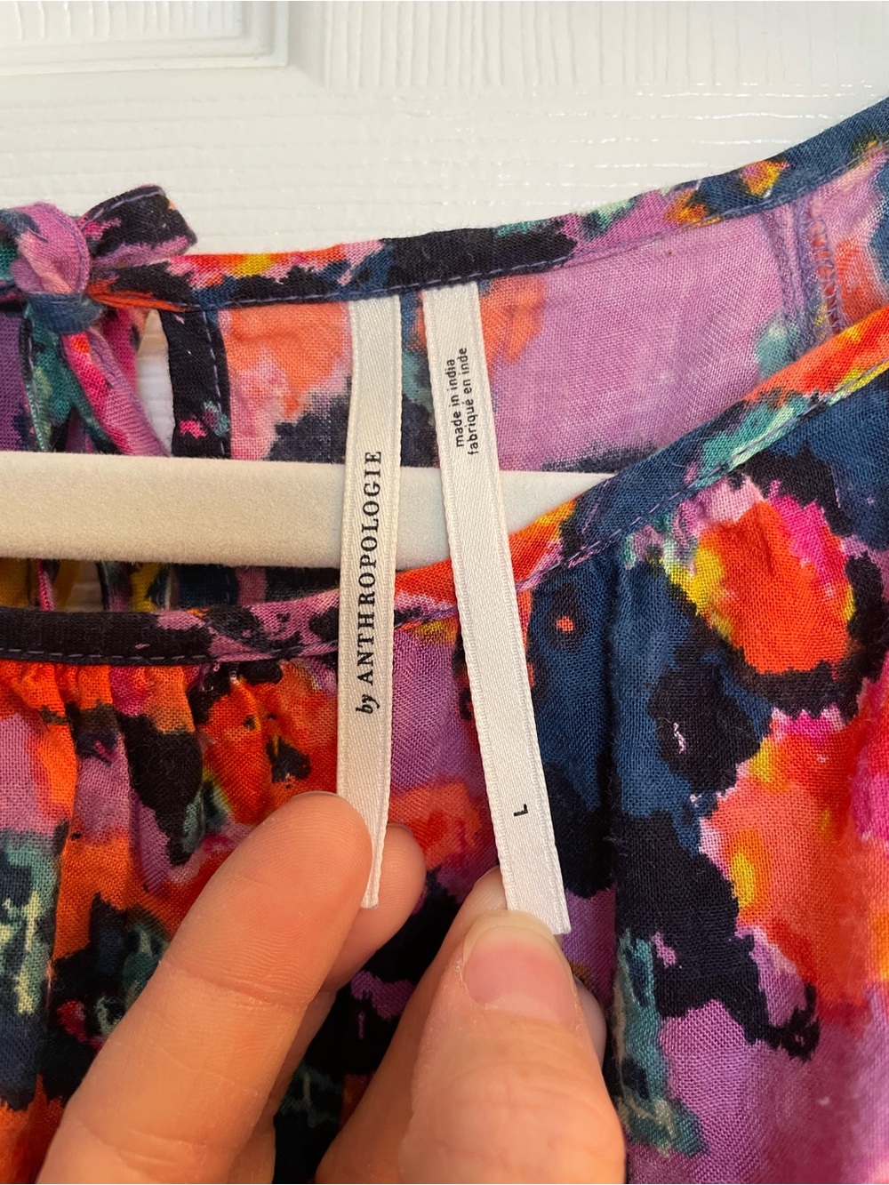 Anthropologie Purple Floral Tie-Back Blouse with Pink and Orange Accents - Picture 2 of 3